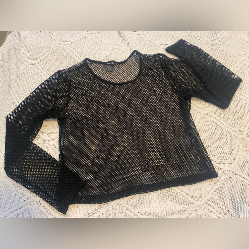 Sheer Net Long Sleeve Black Top